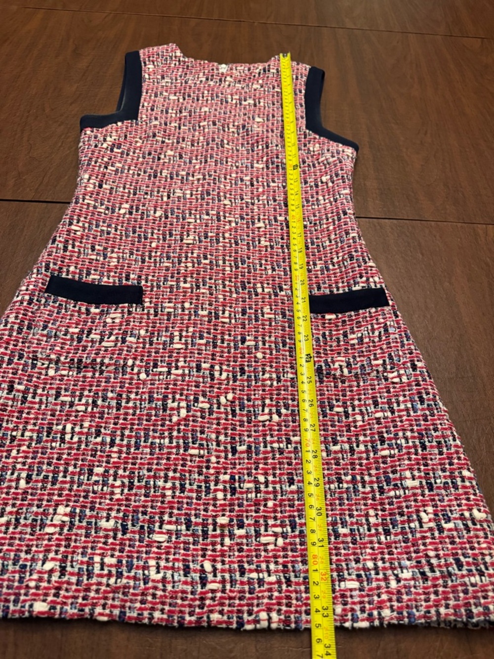 Vintage Sleeveless Pink Tweed Mini Dress with Black Accent Pockets - Picture 7 of 8
